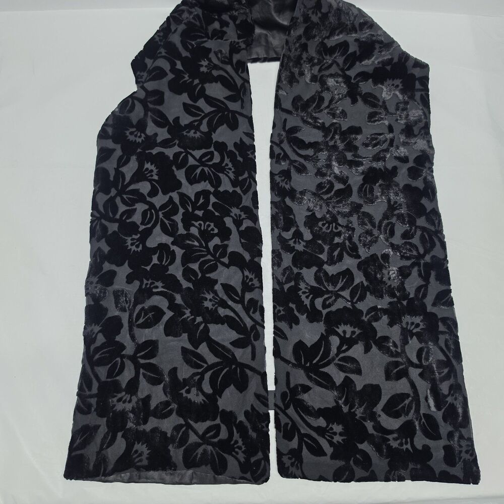 Vintage ADG Black Burnout Velvet Silk Floral Scarf Rectangle 8" x 60" Opera
